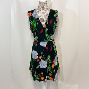 CAMILLA‎ TREE Black floral print faux wrap mini dress size M.